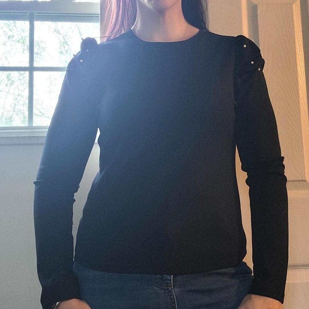 Ann Taylor Black Pearl‑Embellished Top – Size S